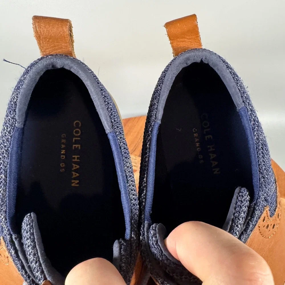 Cole Haan Grand OS Mens 10M Marine Blue British Tan Knit Wingtip Oxford C31348